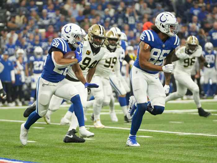 Indianapolis Colts running back Jonathan Taylor (28) runs the ball during a game versus New Orleans on October 29, 2023.